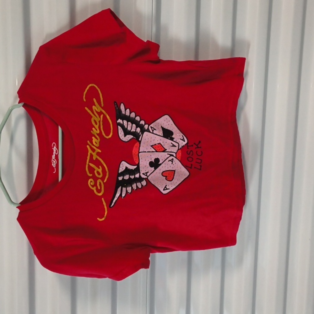 Ed Hardy Rhinestone Aces Red Crop Short Sleeve T-shirt XL